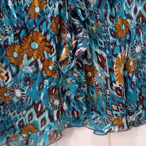 Kim Rogers Blouse Women L 3/4 Sleeve Simi Sheer Ruffle Open Tie Front Teal Brown - Picture 6 of 16